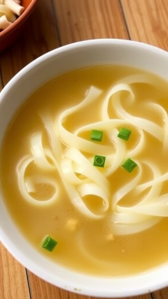 A bowl of egg drop soup with egg ribbons and green onions on a wooden table.